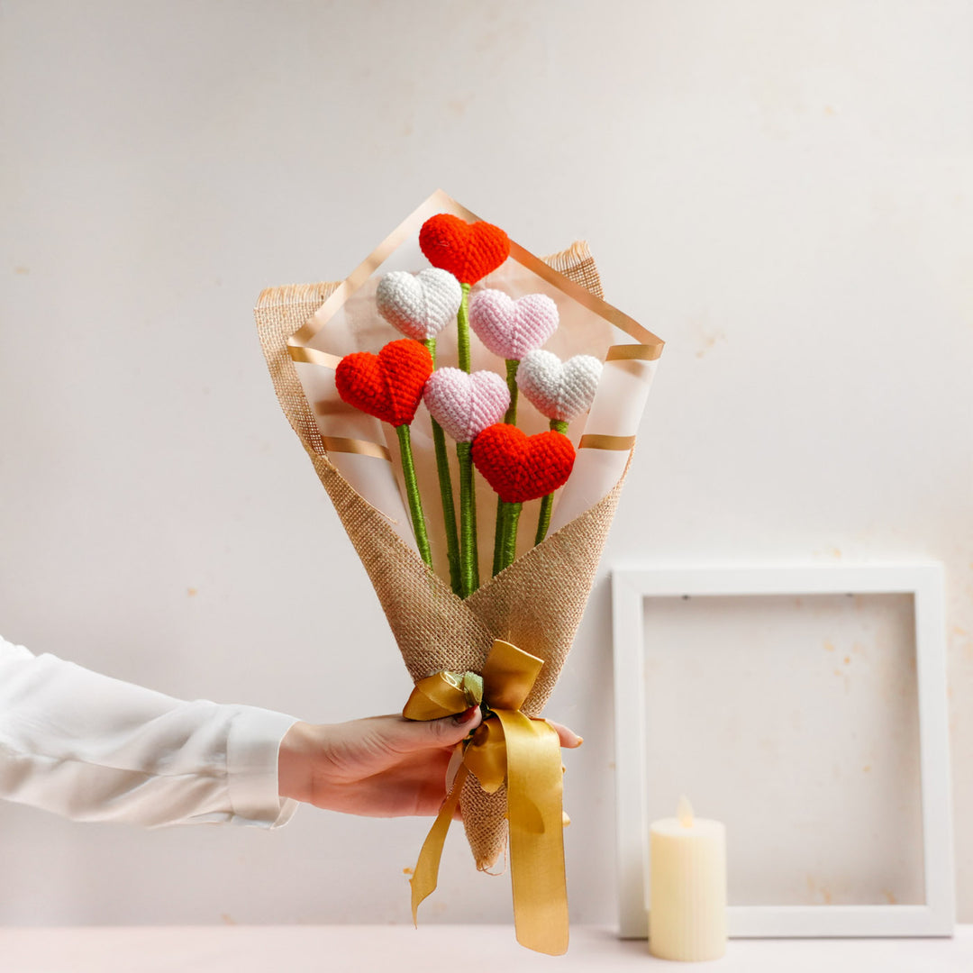 Handmade Crochet Heart Shaped Flower Bouquet | Set Of 7