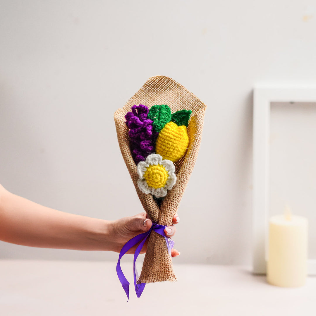 Handmade Crochet Flower Bouquet With Purple Bow