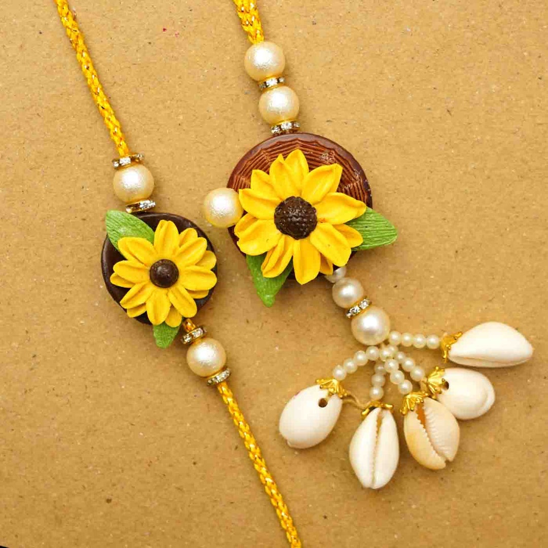 Handmade Sunflower Clay Bhaiya Bhabhi Rakhi With Chocolates & Roli Chawal | Set Of 2