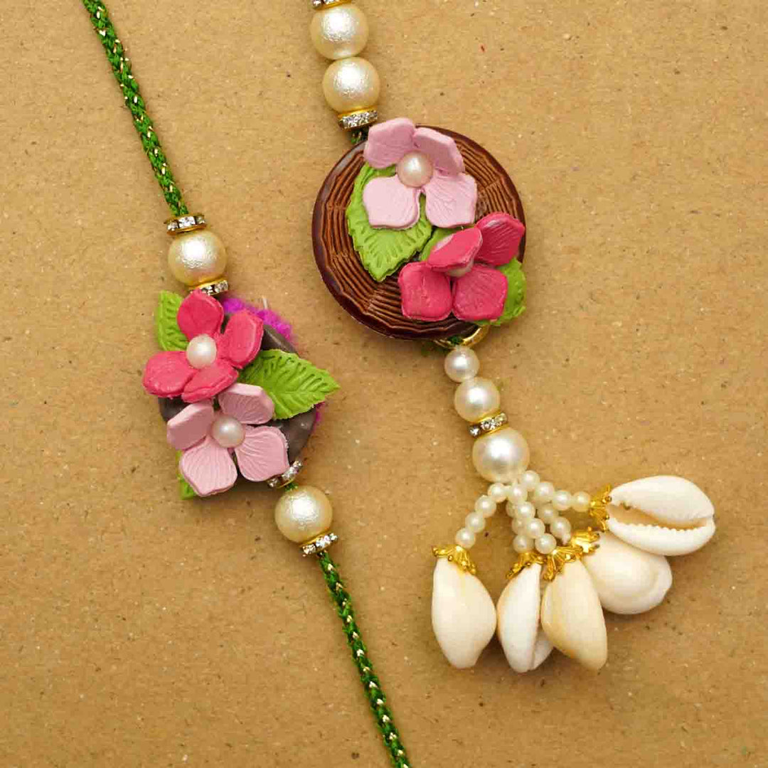 Handmade Pink Floral Clay Bhaiya Bhabhi Rakhi With Chocolates & Roli Chawal | Set Of 2