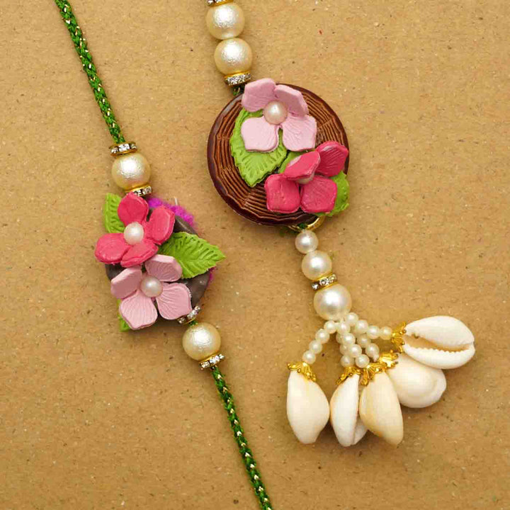 Handmade Pink Floral Clay Bhaiya Bhabhi Rakhi With Chocolates & Roli Chawal | Set Of 2