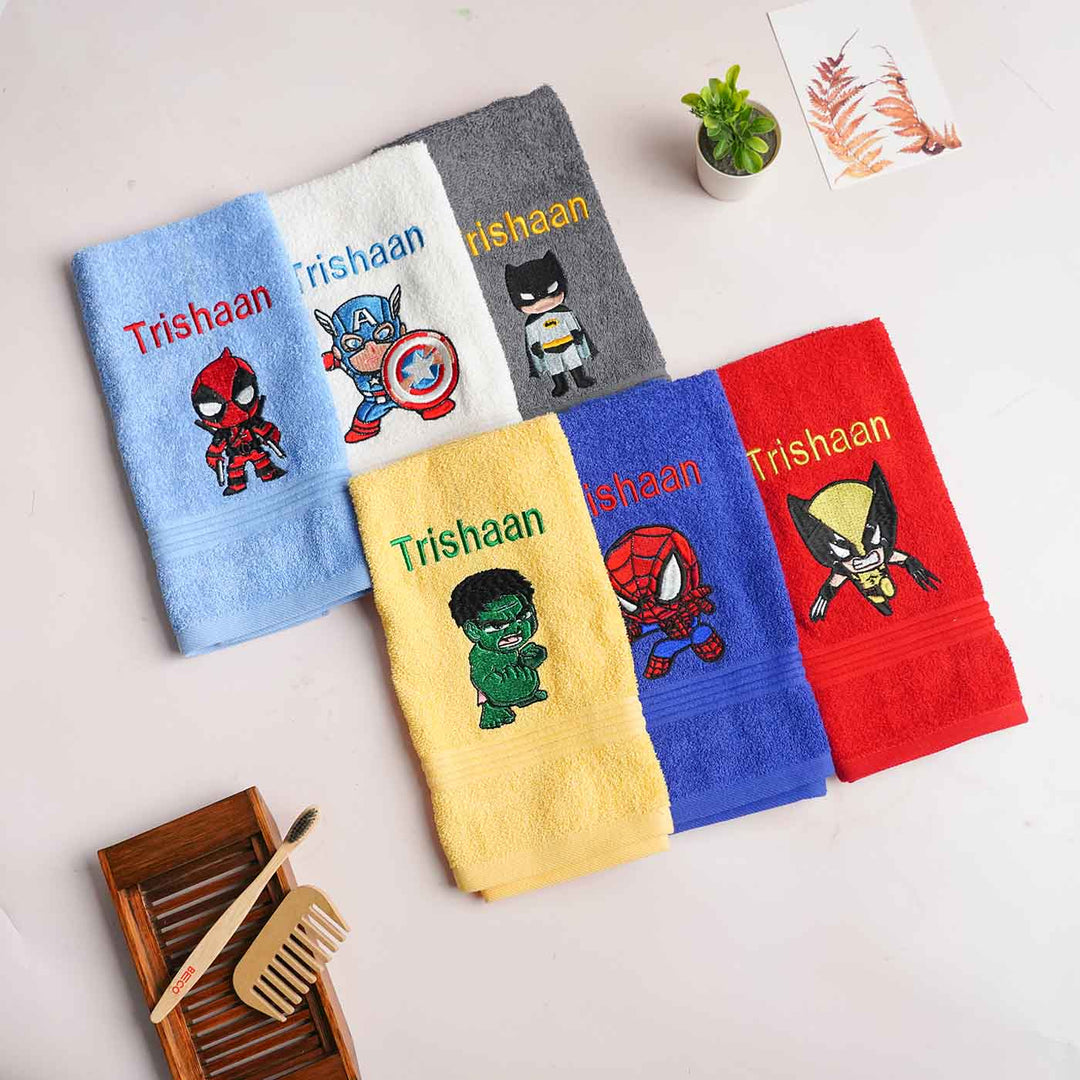 Personalized Embroidered Superhero Theme Cotton Hand Towel | Set Of 6