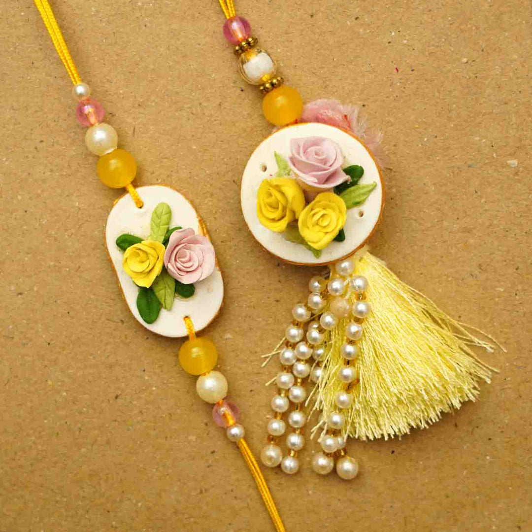 Handmade Rose Clay Bhaiya Bhabhi Rakhi With Chocolates & Roli Chawal | Set Of 2