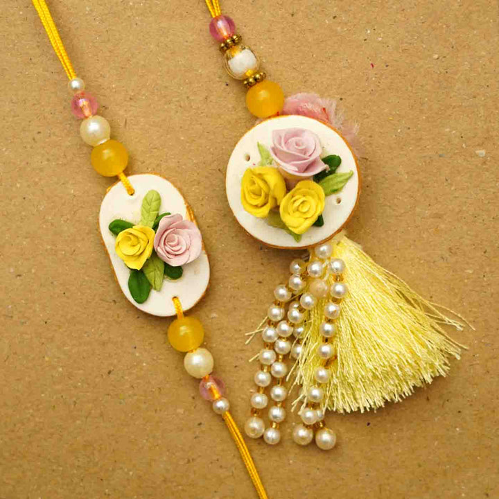 Handmade Rose Clay Bhaiya Bhabhi Rakhi With Chocolates & Roli Chawal | Set Of 2