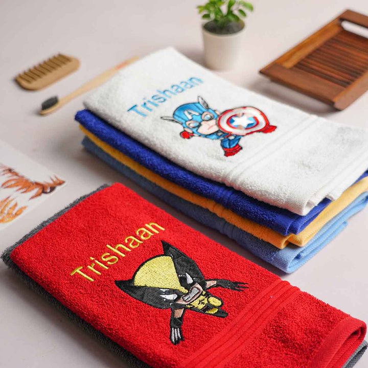 Personalized Embroidered Superhero Theme Cotton Hand Towel | Set Of 6