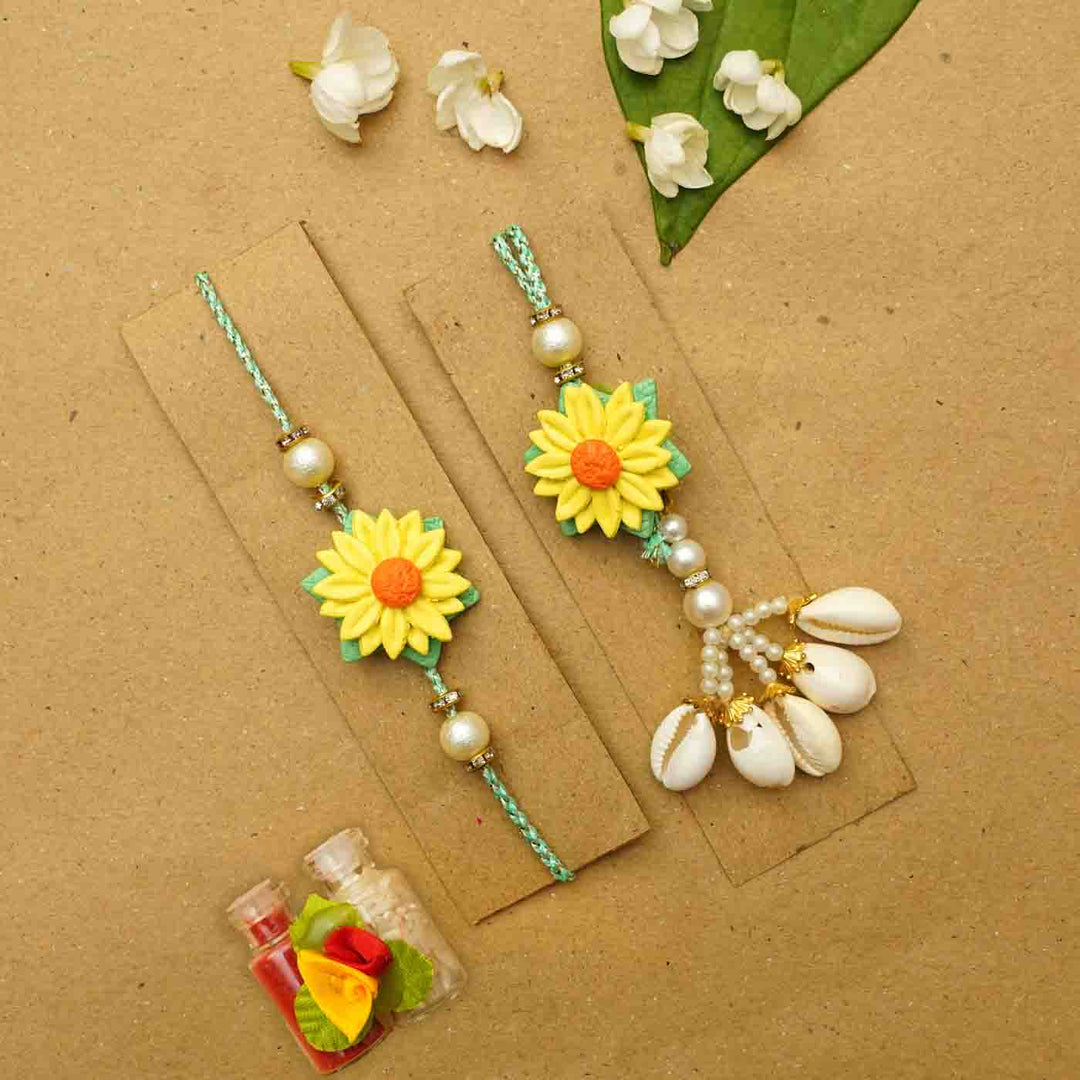 Handmade Yellow Flower Clay Bhaiya Bhabhi Rakhi With Chocolates & Roli Chawal | Set Of 2