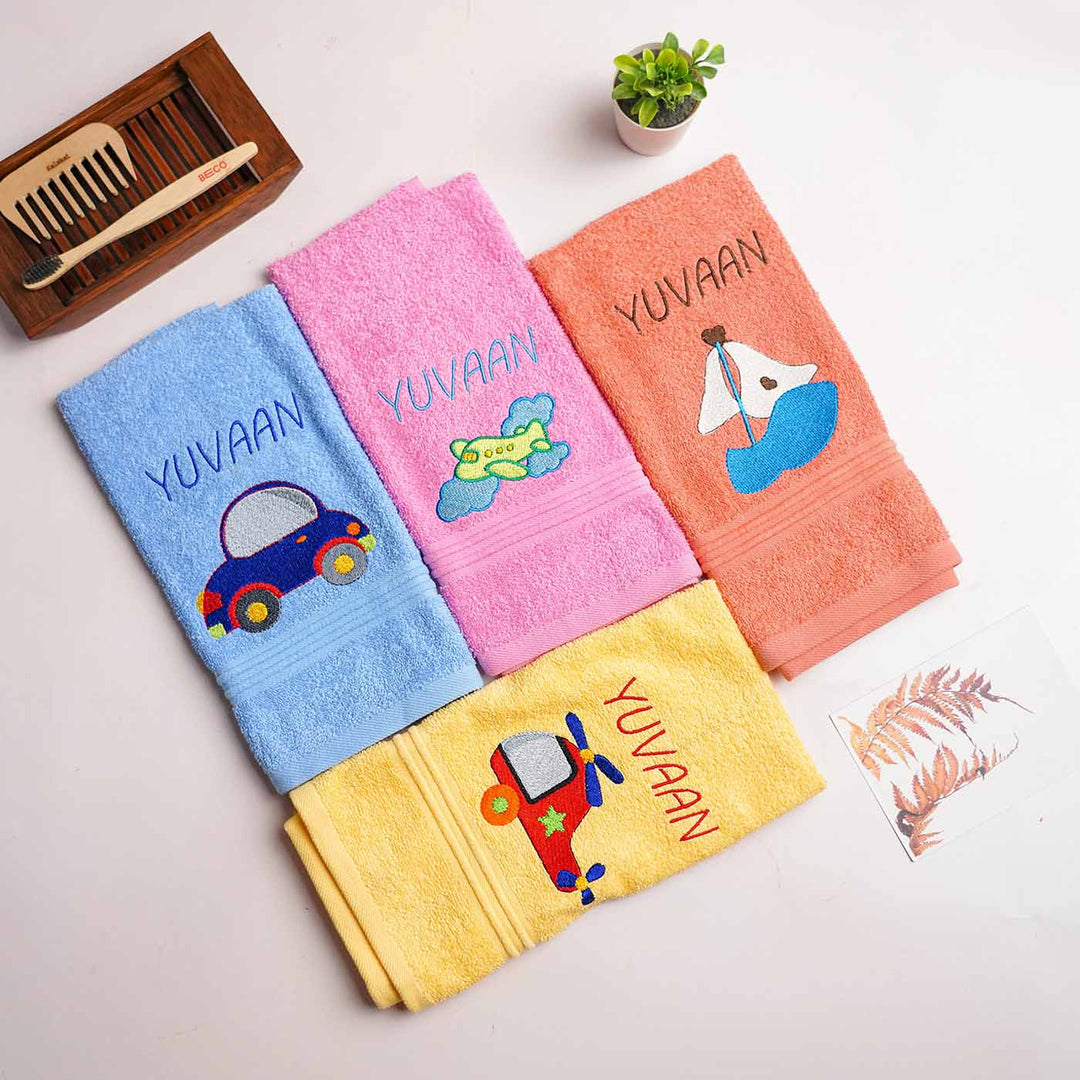 Personalized Embroidered Modes Of Transport Theme Cotton Hand Towel | Set Of 4