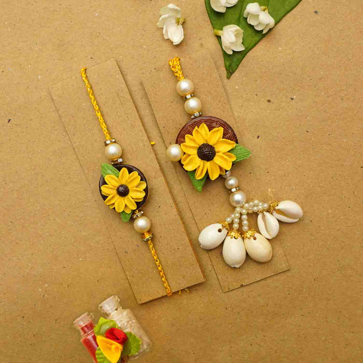 Handmade Sunflower Clay Bhaiya Bhabhi Rakhi With Chocolates & Roli Chawal | Set Of 2