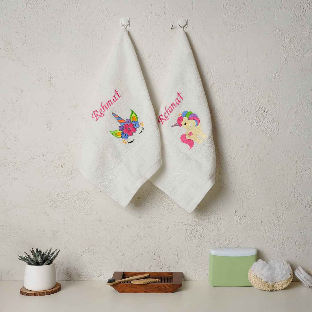 Personalized Embroidered Unicorn Theme Cotton Hand Towel | Set Of 2