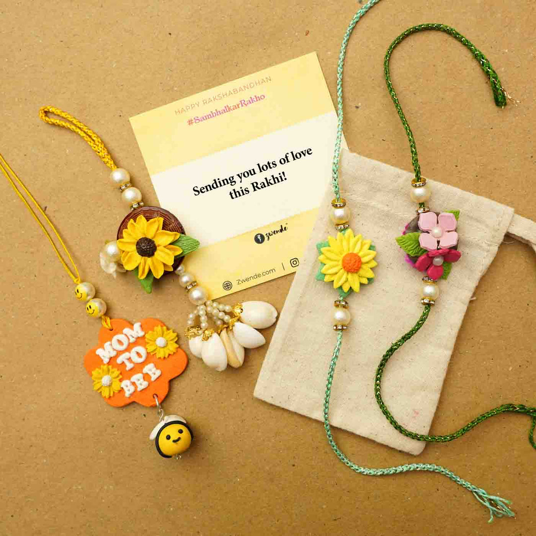 Handmade Yellow Flower Clay Bhaiya Bhabhi Rakhi With Chocolates & Roli Chawal | Set Of 2