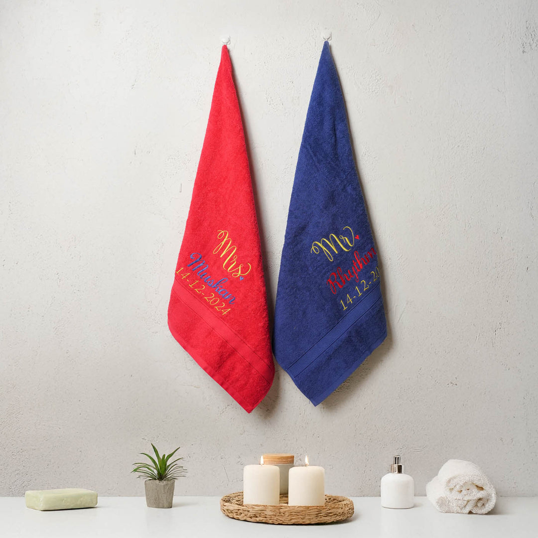 Embroidered Personalized Egyptian Cotton Towel - Blue And Red Set of 2