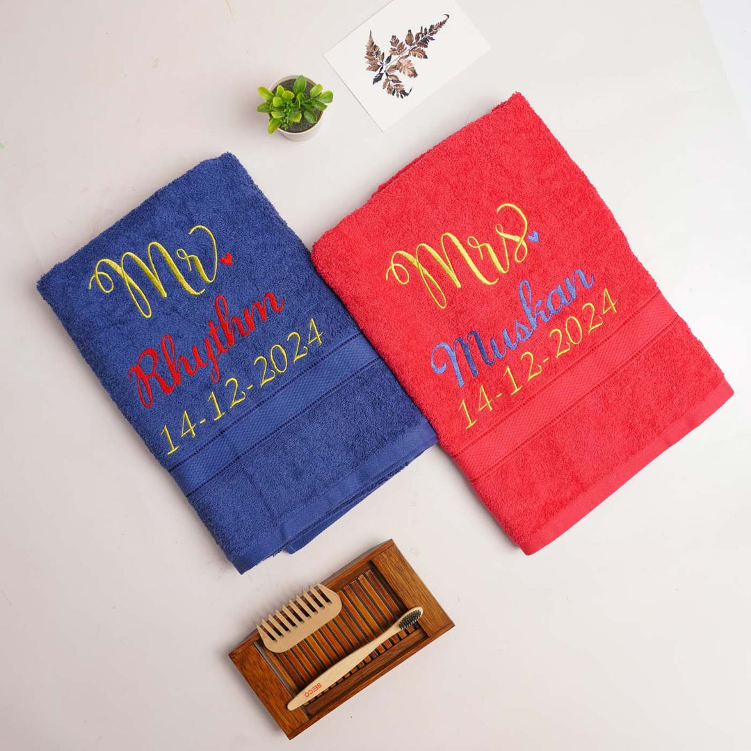 Embroidered Personalized Egyptian Cotton Towel - Blue And Red Set of 2