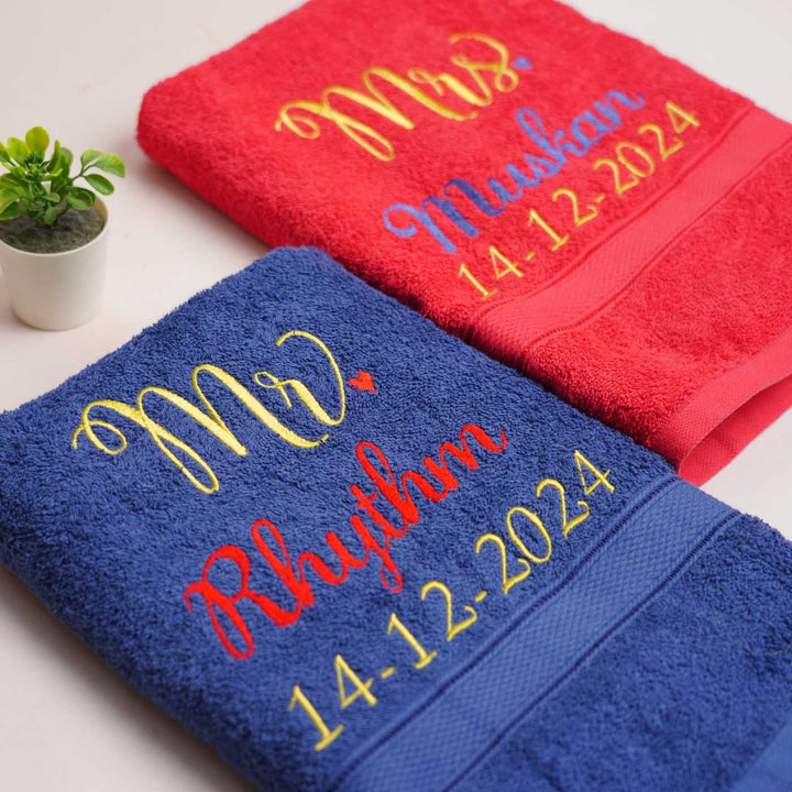 Embroidered Personalized Egyptian Cotton Towel - Blue And Red Set of 2