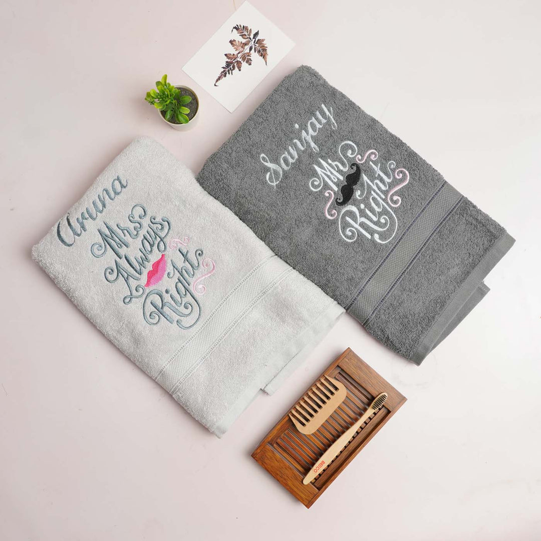 Embroidered Personalized Egyptian Cotton Towel - Grey Set of 2