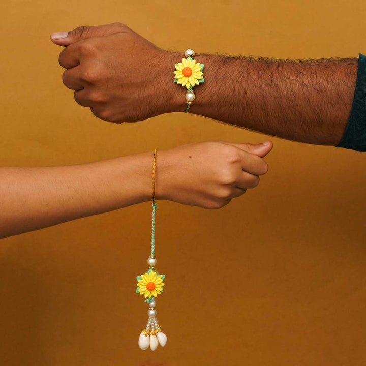 Handmade Yellow Flower Clay Bhaiya Bhabhi Rakhi With Chocolates & Roli Chawal | Set Of 2