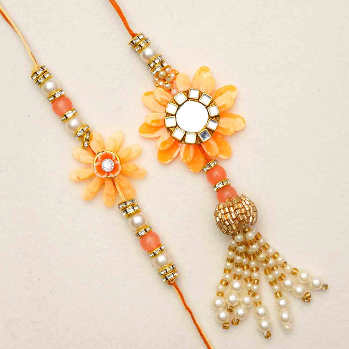 Handmade Resin Peach Flower with Kundan Bhaiya Bhabhi Rakhi With Chocolates & Roli Chawal | Set of 2