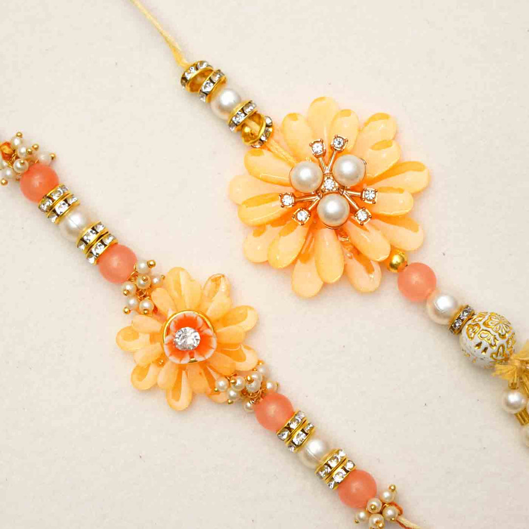 Handmade Resin Peach Flower with Pearls Bhaiya Bhabhi Rakhi With Chocolates & Roli Chawal | Set of 2