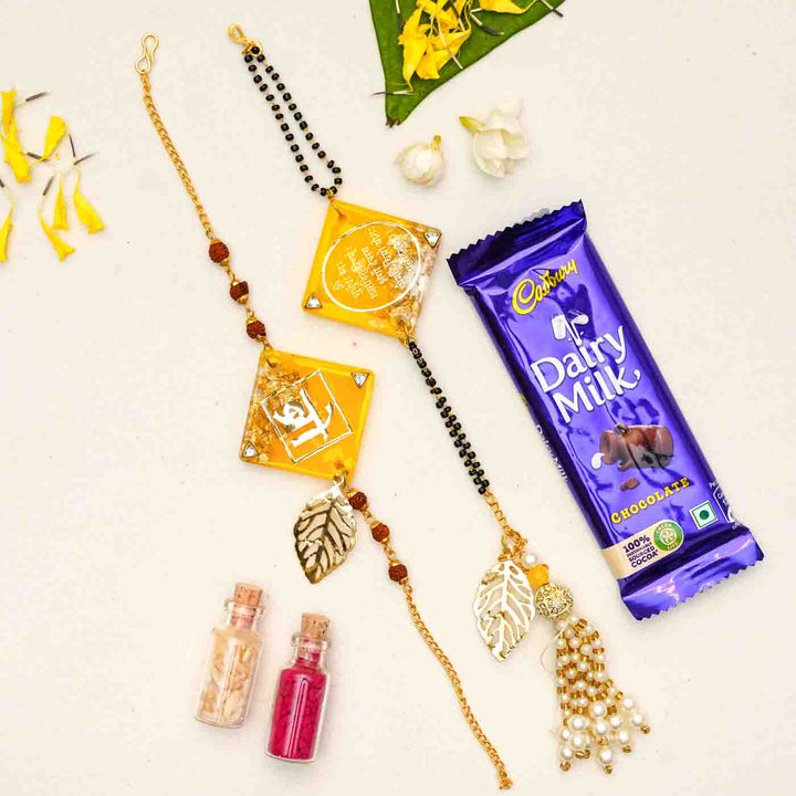 Handmade Resin Sunset Yellow  Bhaiya Bhabhi Rakhi With Chocolates & Roli Chawal | Set of 2