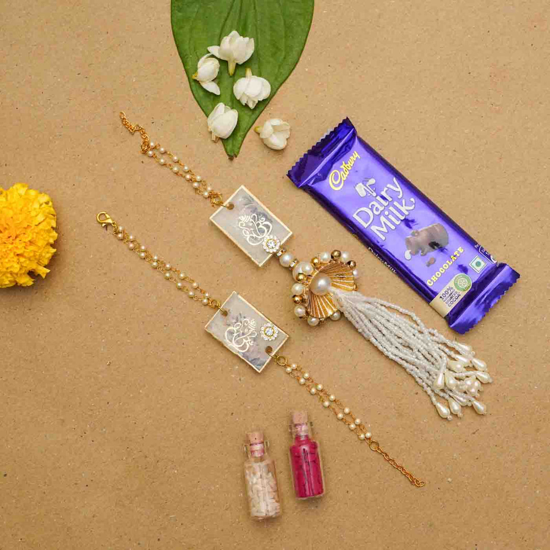 Handmade Resin Ganesha Bhaiya Bhabhi Rakhi With Chocolates & Roli Chawal | Set of 2