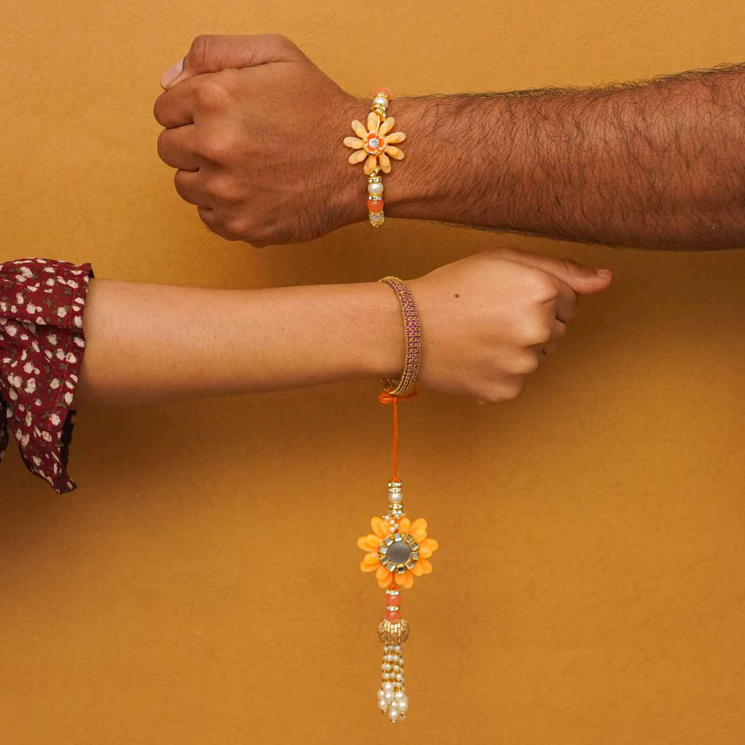 Handmade Resin Peach Flower with Kundan Bhaiya Bhabhi Rakhi With Chocolates & Roli Chawal | Set of 2