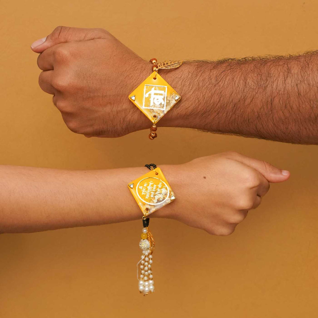 Handmade Resin Sunset Yellow  Bhaiya Bhabhi Rakhi With Chocolates & Roli Chawal | Set of 2