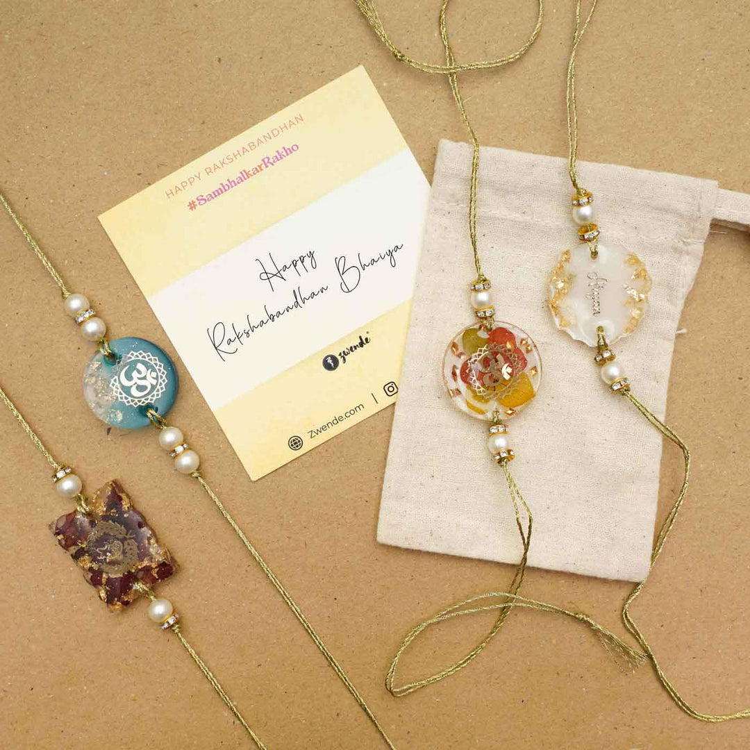 Personalized Handmade Resin Golden Foil Rakhi With Roli Chawal