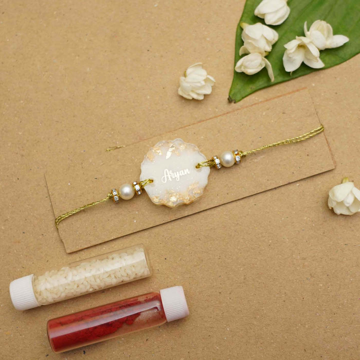 Personalized Handmade Resin Golden Foil Rakhi With Roli Chawal