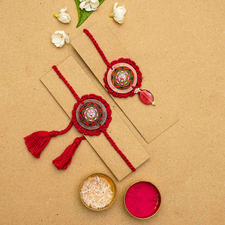 Handmade Crochet Mandala Cotton Rakhi Hamper For Bhaiya and Bhabhi | Set of 7