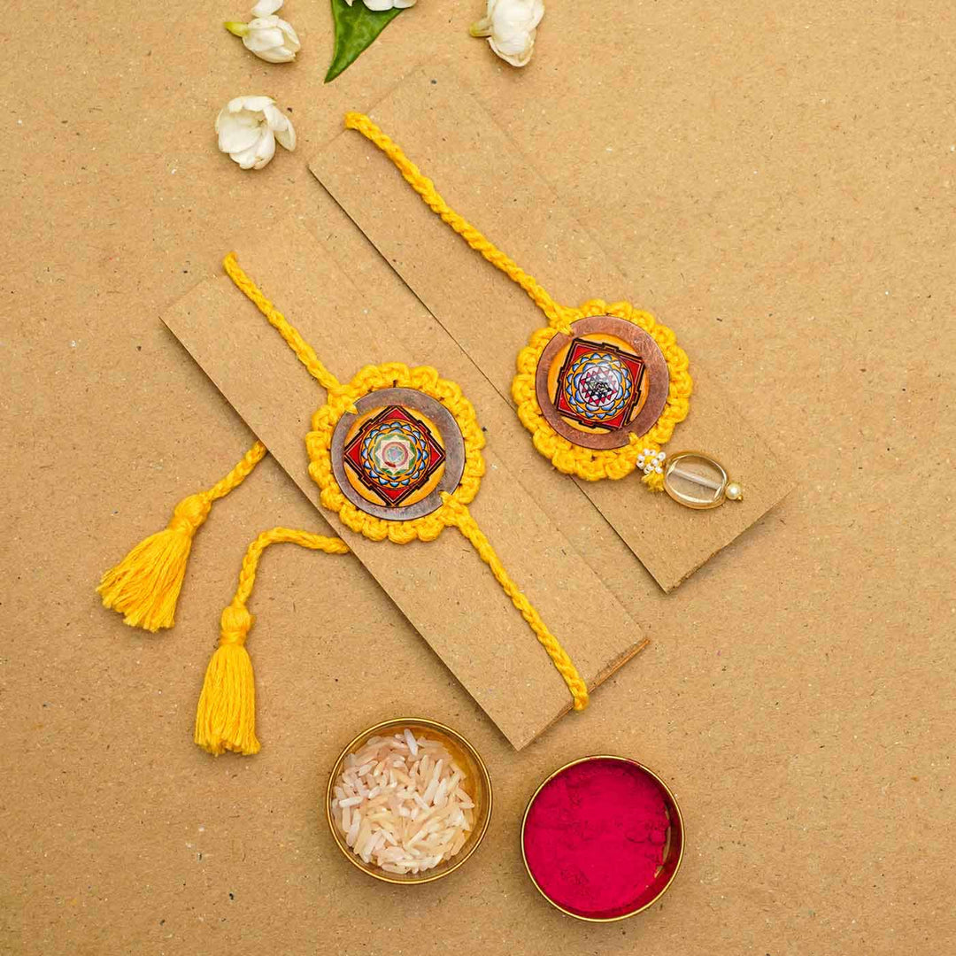 Handmade Crochet Mandala Cotton Rakhi Hamper For Bhaiya and Bhabhi | Set of 7