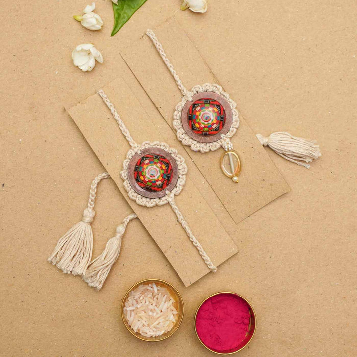 Handmade Crochet Mandala Cotton Rakhi Hamper For Bhaiya and Bhabhi | Set of 7