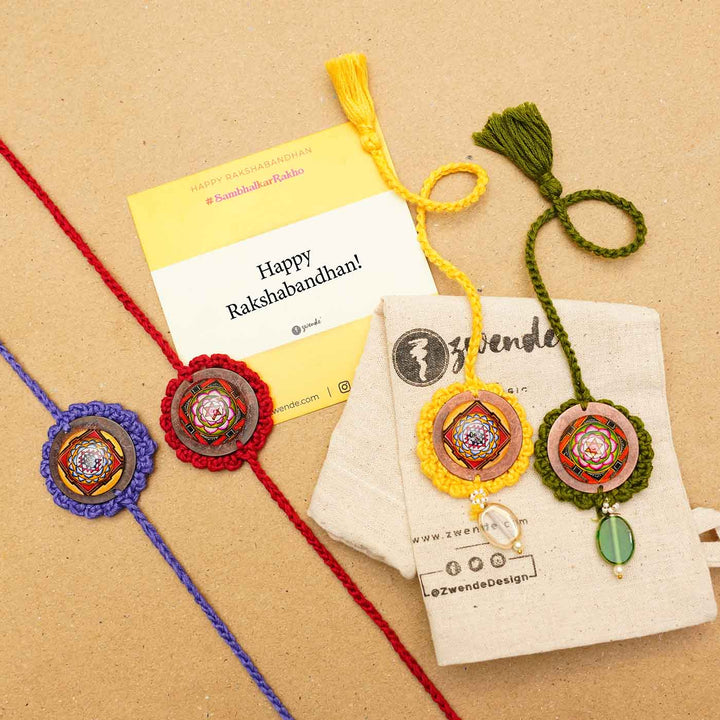 Handmade Crochet Mandala Cotton Rakhi Hamper For Bhaiya and Bhabhi | Set of 7