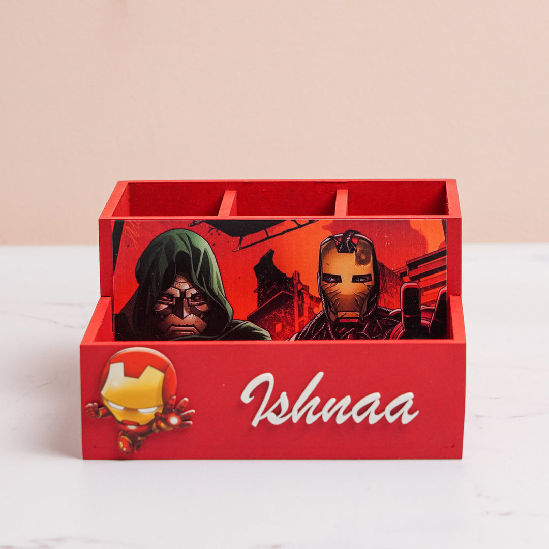 Personalized Ironman Theme Mdf Wood Stationery Organizer For Kids