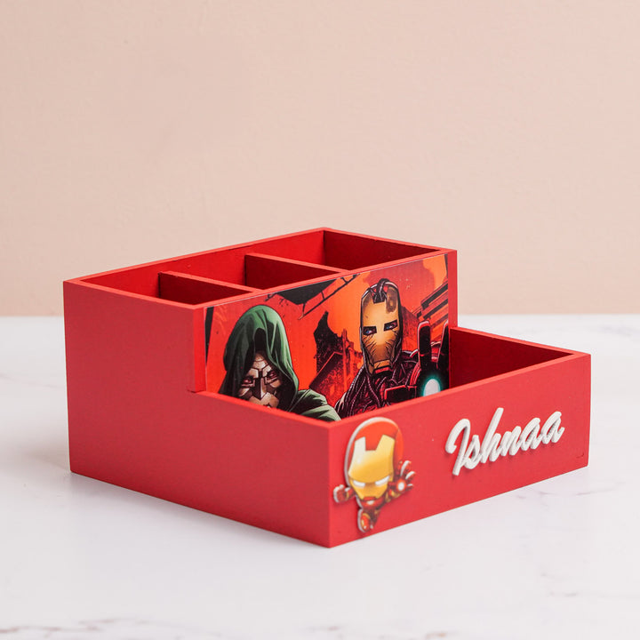 Personalized Ironman Theme Mdf Wood Stationery Organizer For Kids