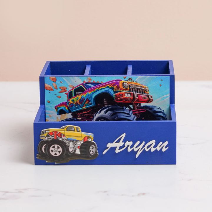 Personalized Truck Theme Mdf Wood Stationery Organizer For Kids