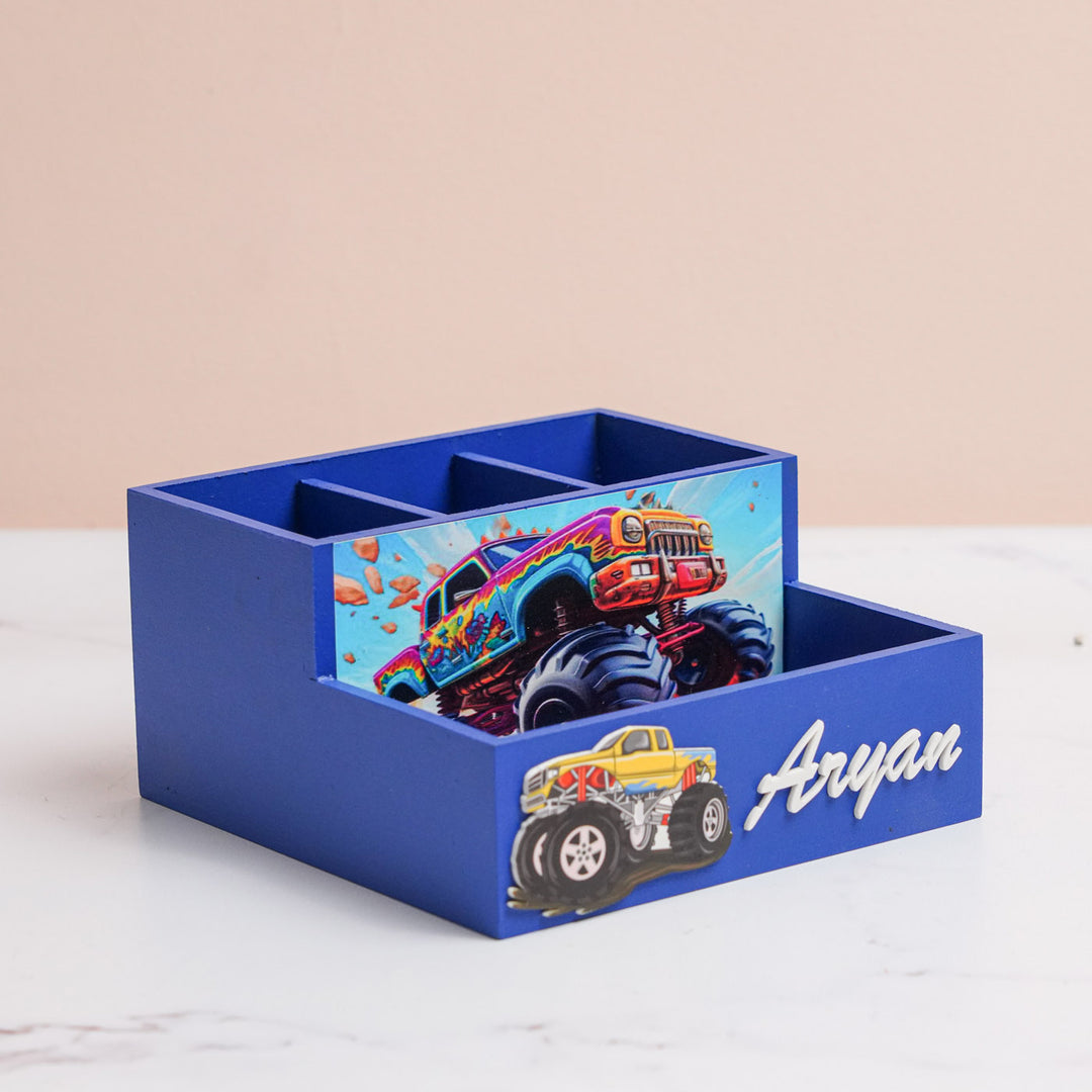 Personalized Truck Theme Mdf Wood Stationery Organizer For Kids