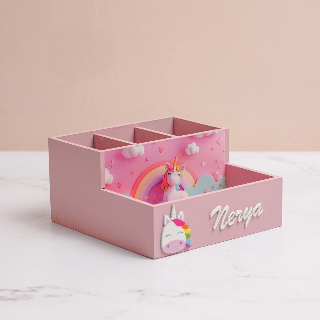 Personalized Unicorn Theme Mdf Wood Stationery Organizer For Kids