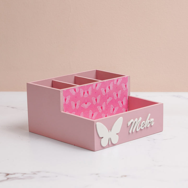 Personalized Butterfly Theme Mdf Wood Stationery Organizer For Kids