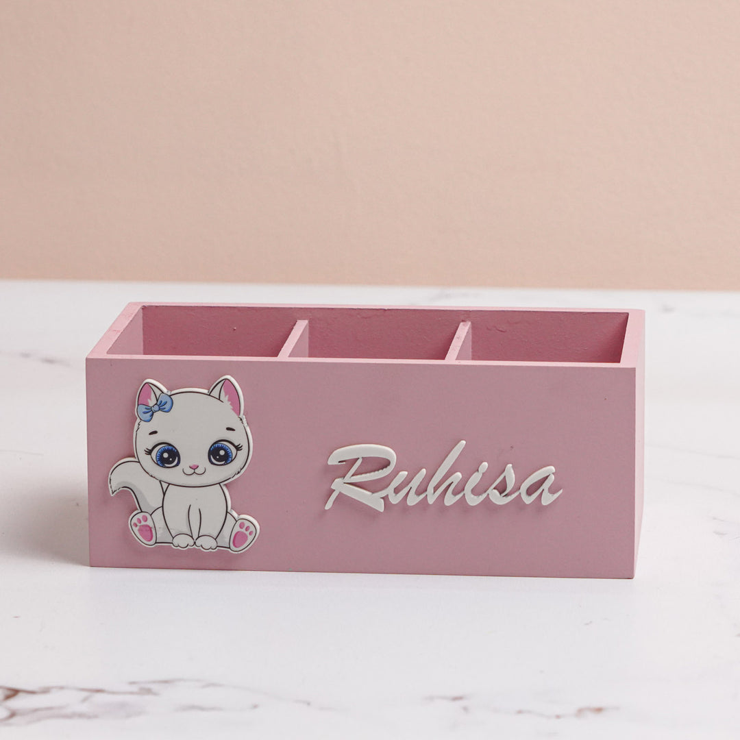 Personalized Cat Theme Mdf Wood Stationery Organizer For Kids