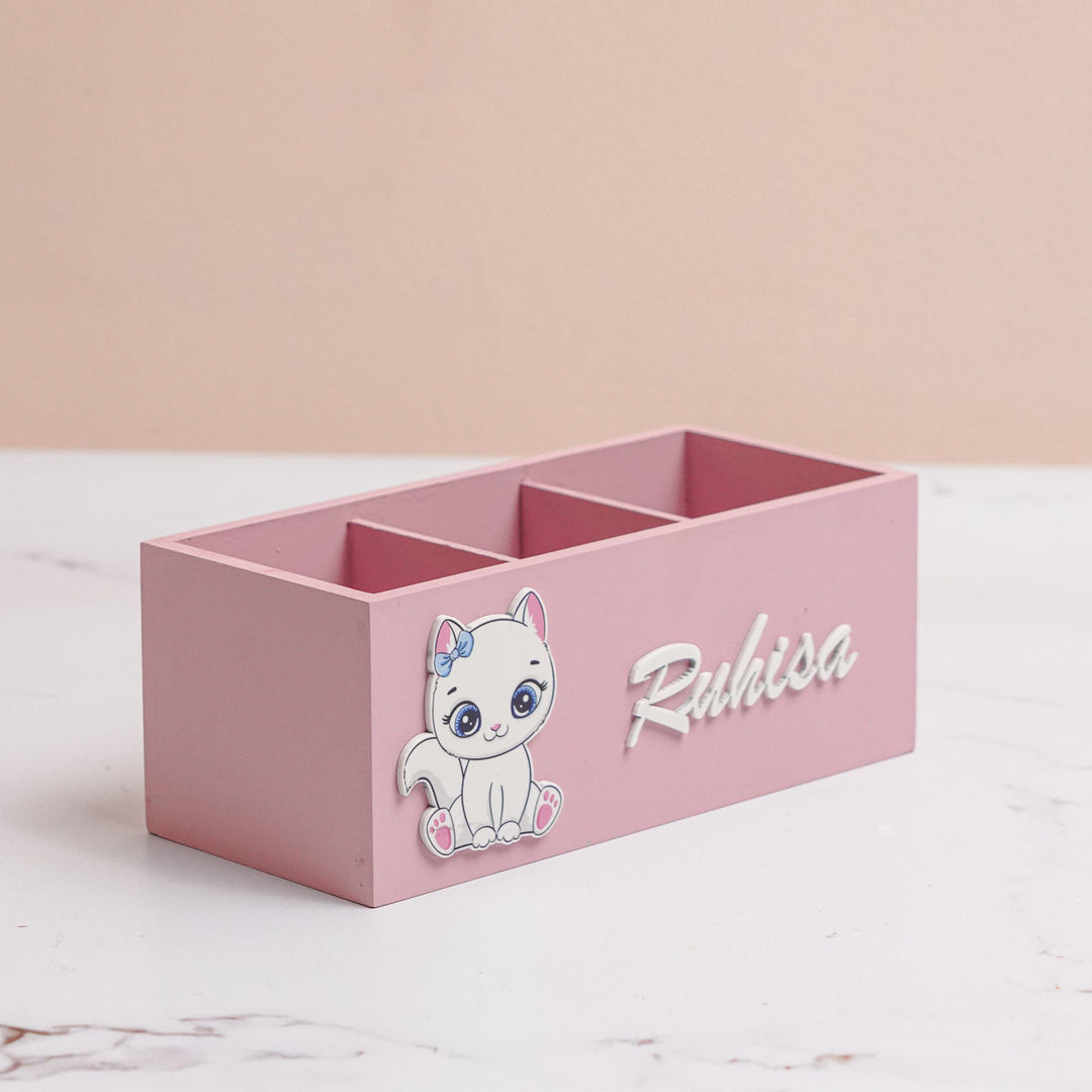 Personalized Cat Theme Mdf Wood Stationery Organizer For Kids