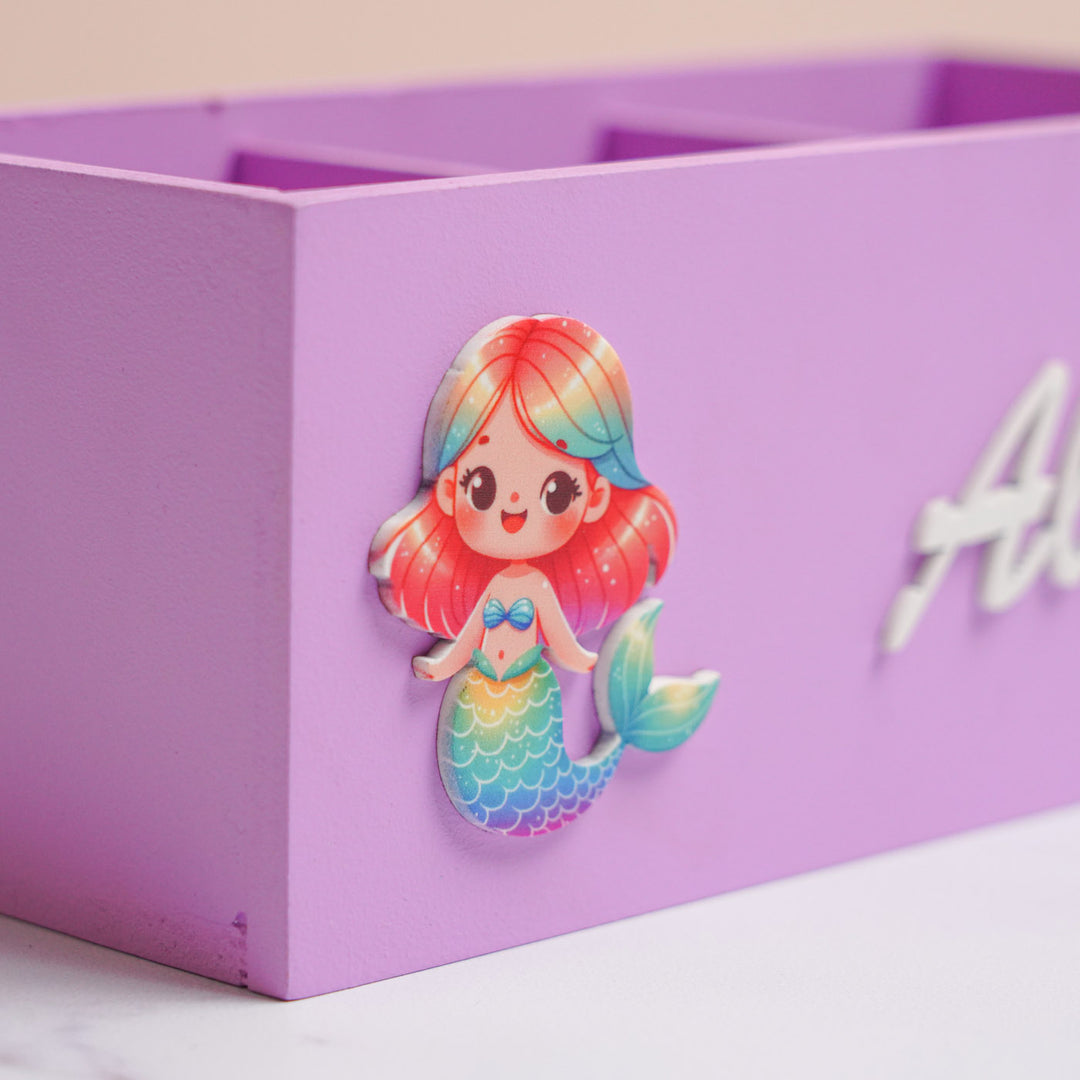 Personalized Mermaid Theme Mdf Wood Stationery Organizer For Kids