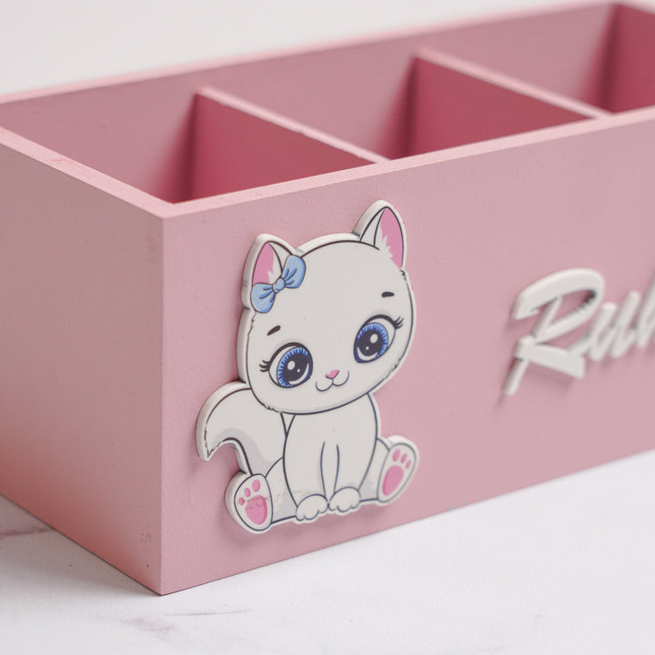 Personalized Cat Theme Mdf Wood Stationery Organizer For Kids