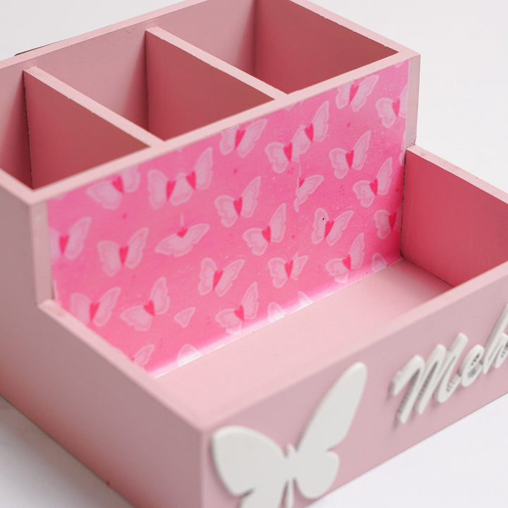 Personalized Butterfly Theme Mdf Wood Stationery Organizer For Kids