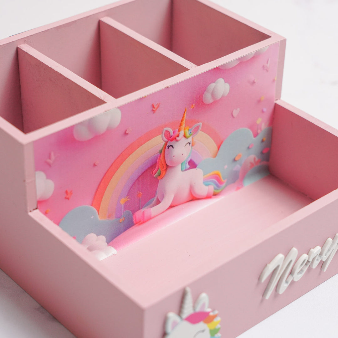 Personalized Unicorn Theme Mdf Wood Stationery Organizer For Kids