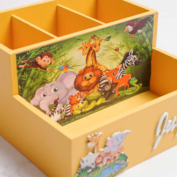 Personalized Jungle Theme Mdf Wood Stationery Organizer For Kids