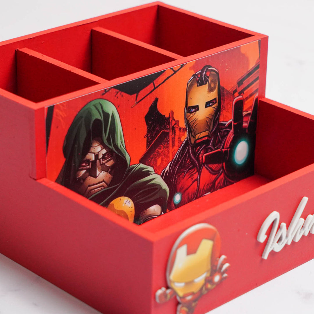 Personalized Ironman Theme Mdf Wood Stationery Organizer For Kids