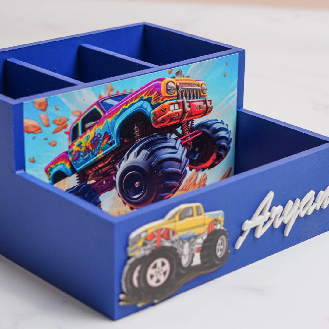 Personalized Truck Theme Mdf Wood Stationery Organizer For Kids