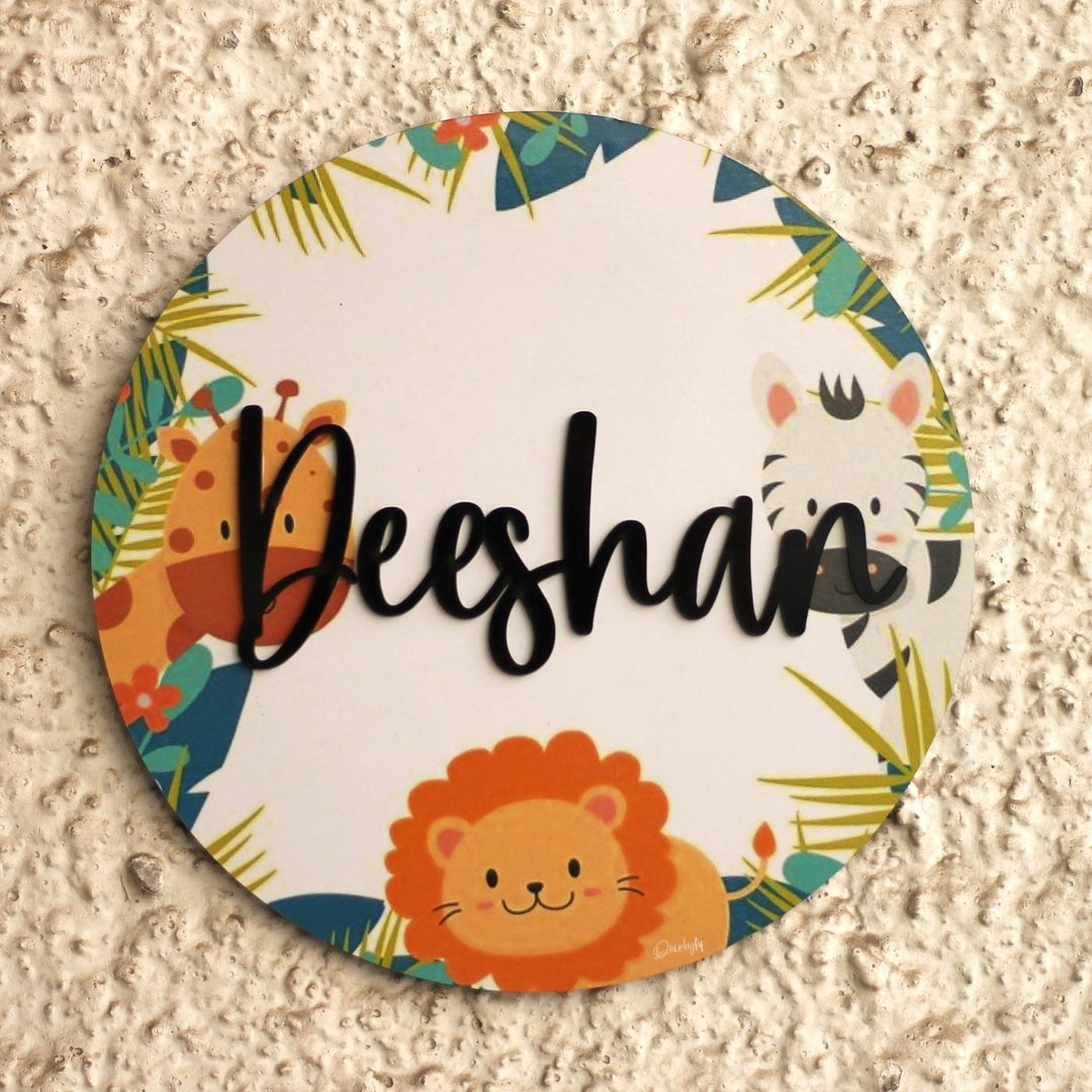 Personalized Printed Jungle MDF Wood Kids Name Plate With 3D Letters