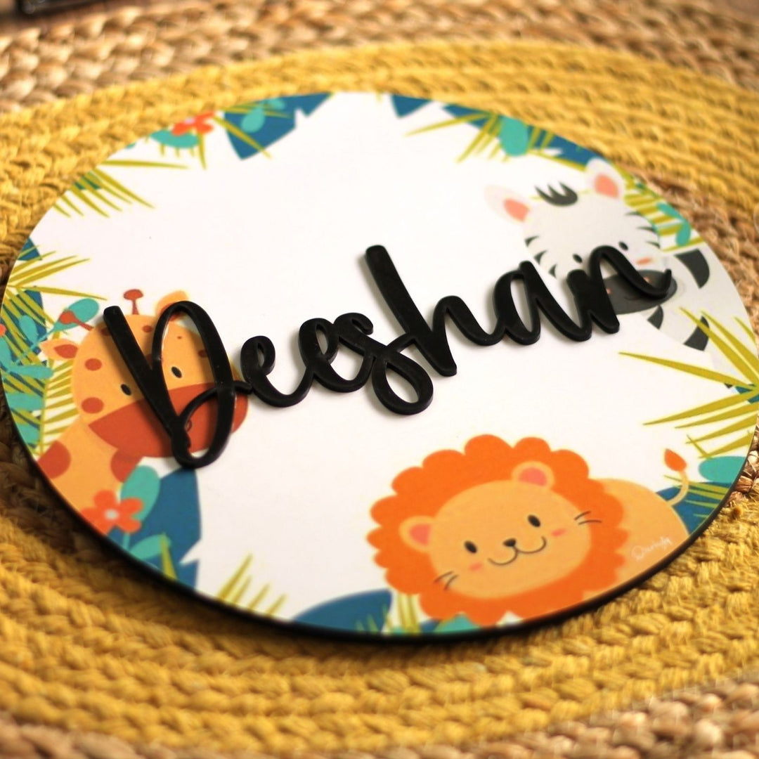 Personalized Printed Jungle MDF Wood Kids Name Plate With 3D Letters