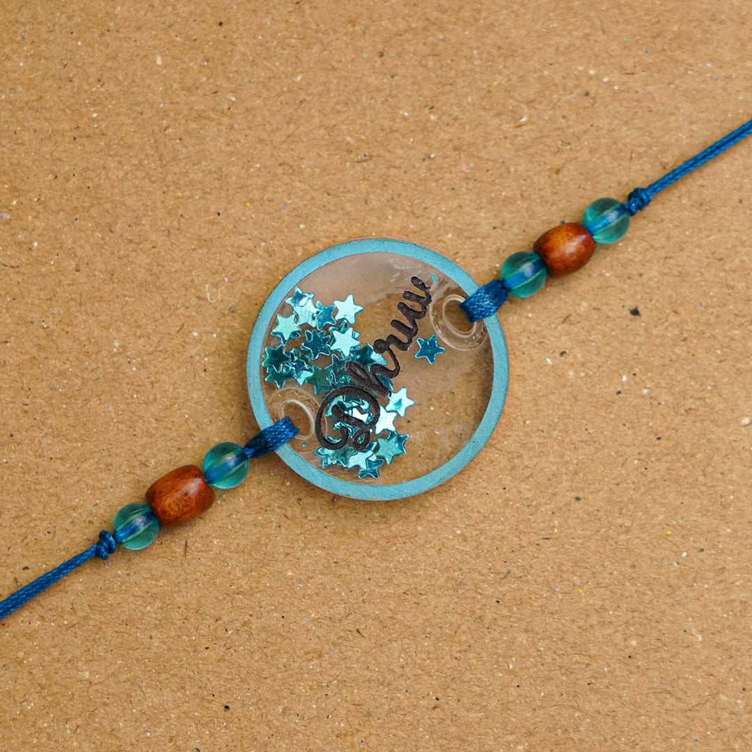 Personalized Handmade Round Glitter Acrylic Rakhi With Roli Chawal