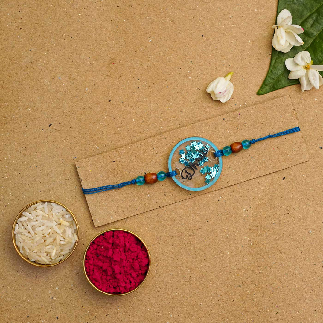 Personalized Handmade Round Glitter Acrylic Rakhi With Roli Chawal